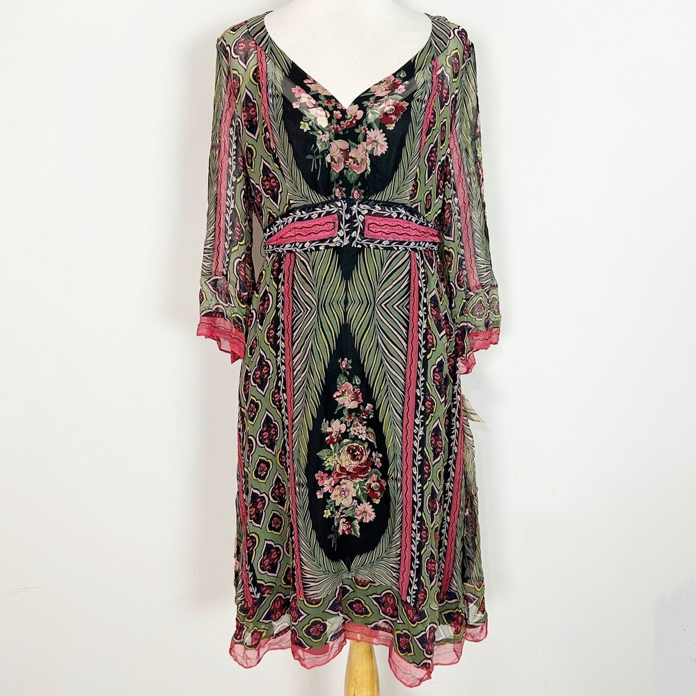 NEW Mixit Y2K Dress Green Pink Floral Silk Sheer Sleeve Size 16 Women's